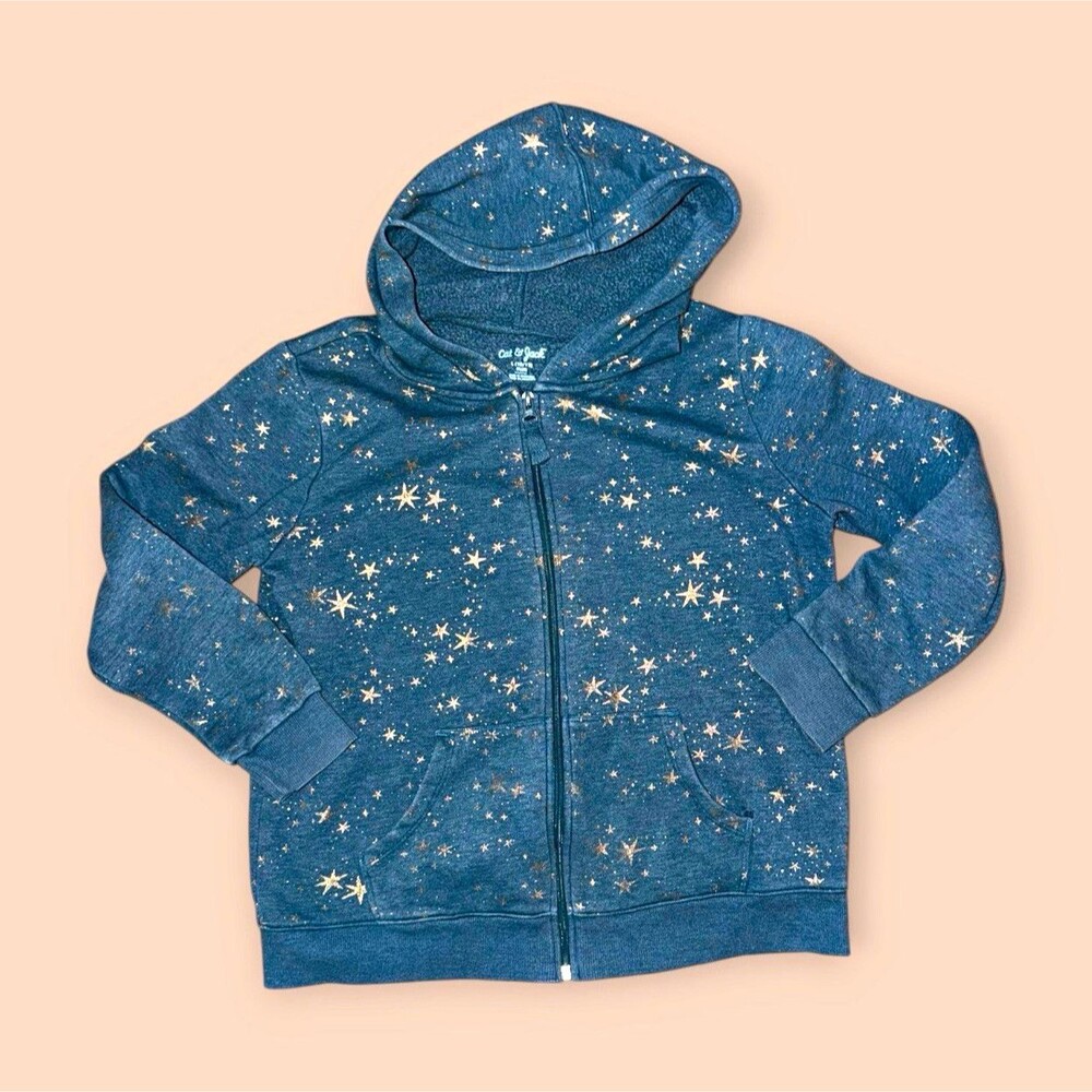 Cat & Jack Girls Size L 10/12 Plus Blue Gold Star Fleece Full Zip Hooded Hoodie